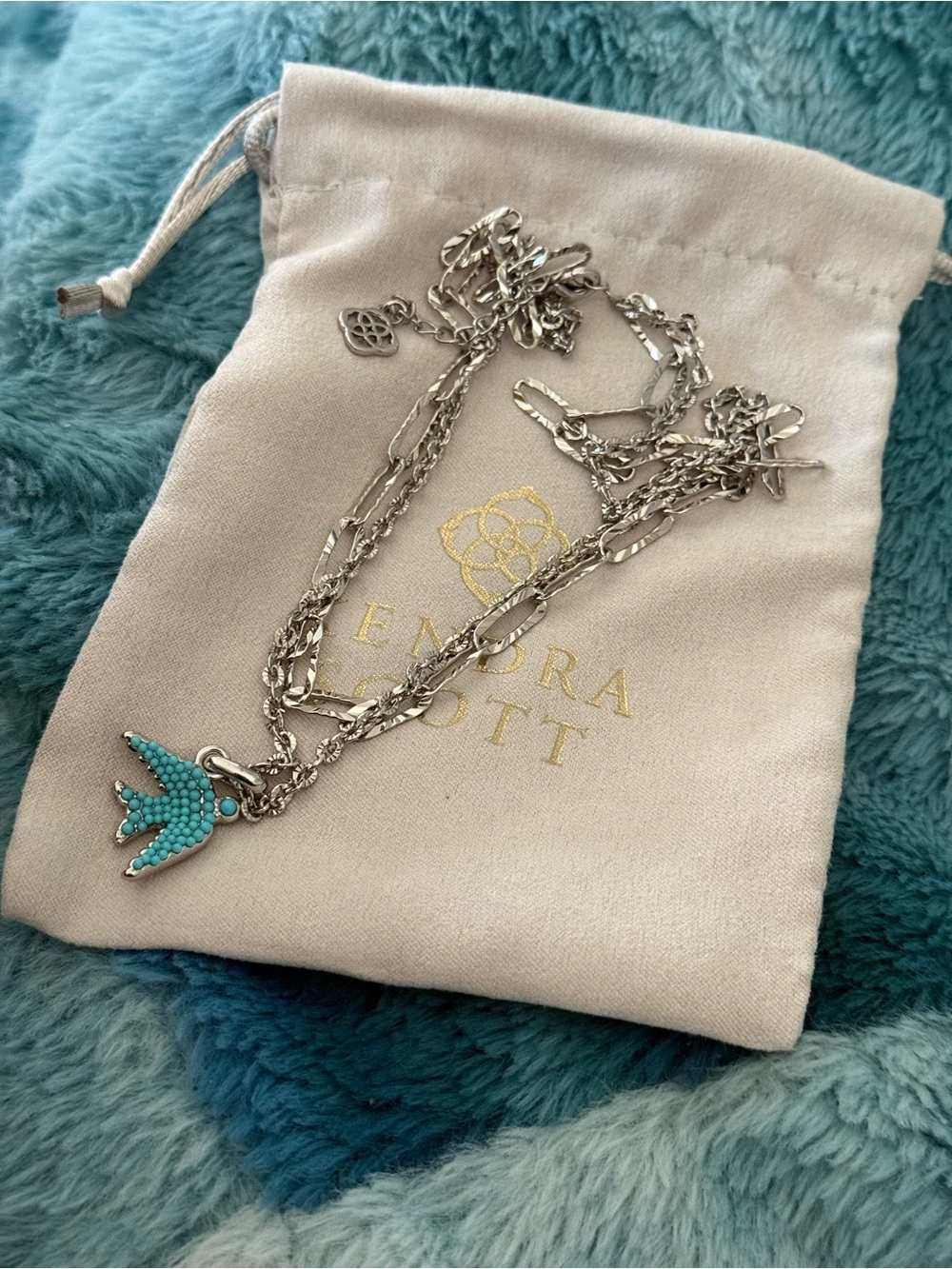Kendra Scott Silver Multi-Chain Necklace with Turquoise Melody Bird Pendant